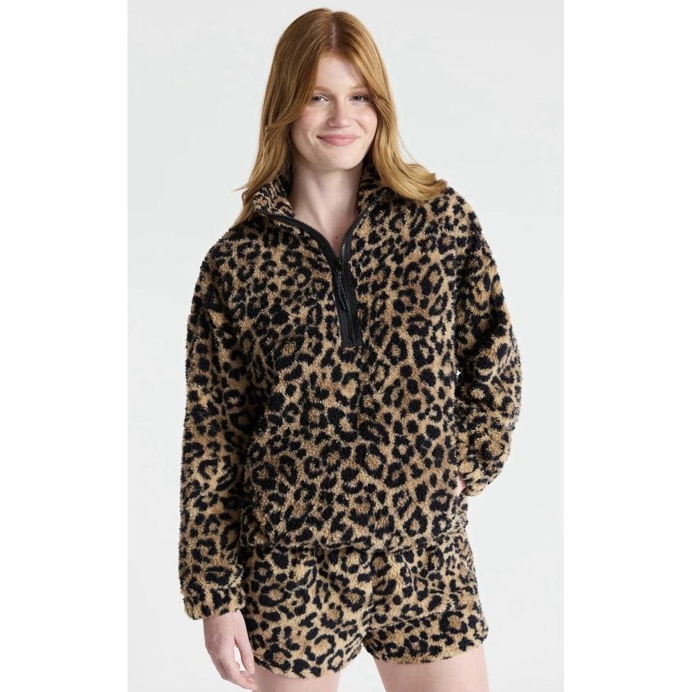 No Boundaries Plush Half-Zip Pullover Leopard Animal Print Fleece XS 0-2 NWT